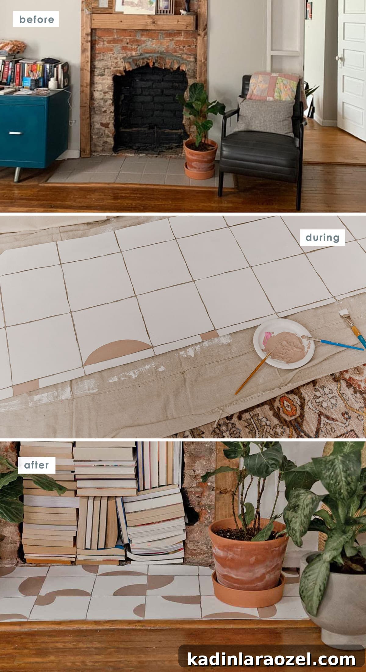 Before, during, and after photos of fireplace makeover