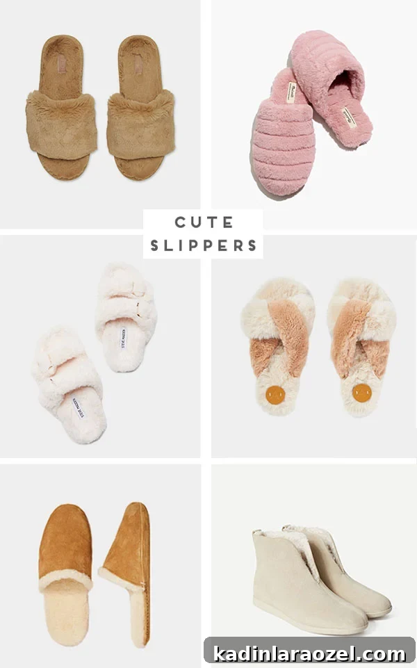Cozy Winter Slippers to Keep Your Feet Warm and Stylish 2 Image roundup of women's slippers in various neutral colors.
