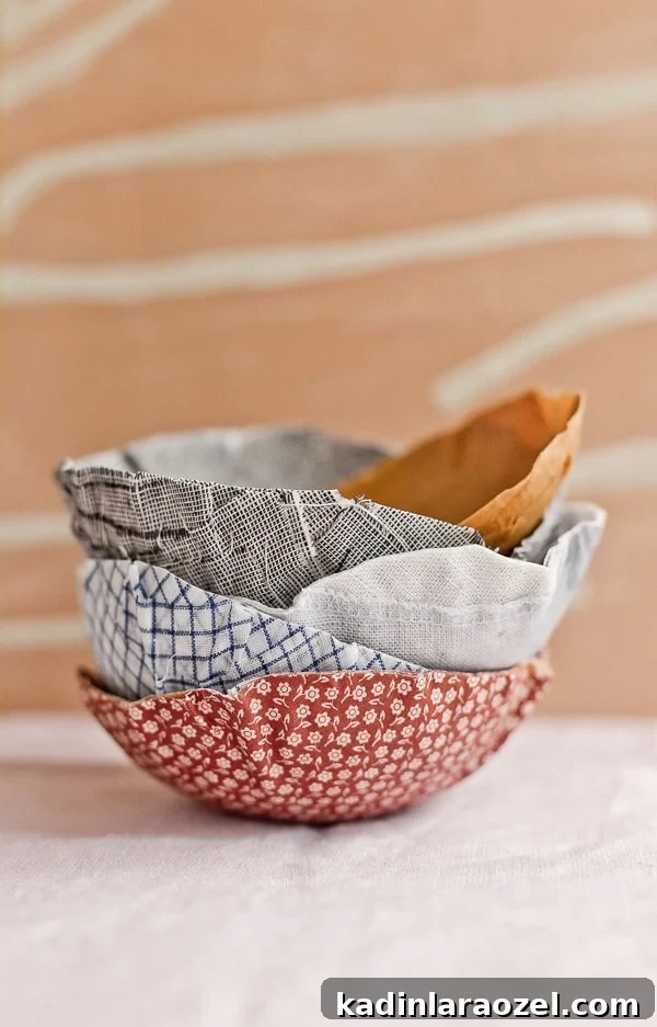 Stacked fabric bowls in various patterns and colors.