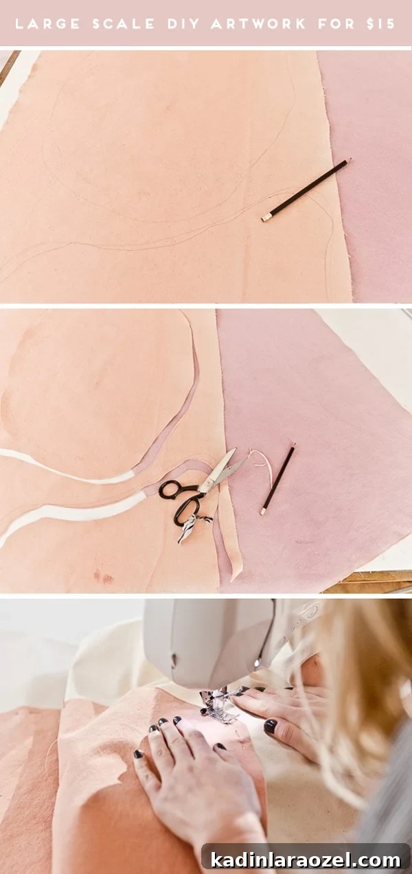 Steps for creating large scale abstract art with sewing machine.