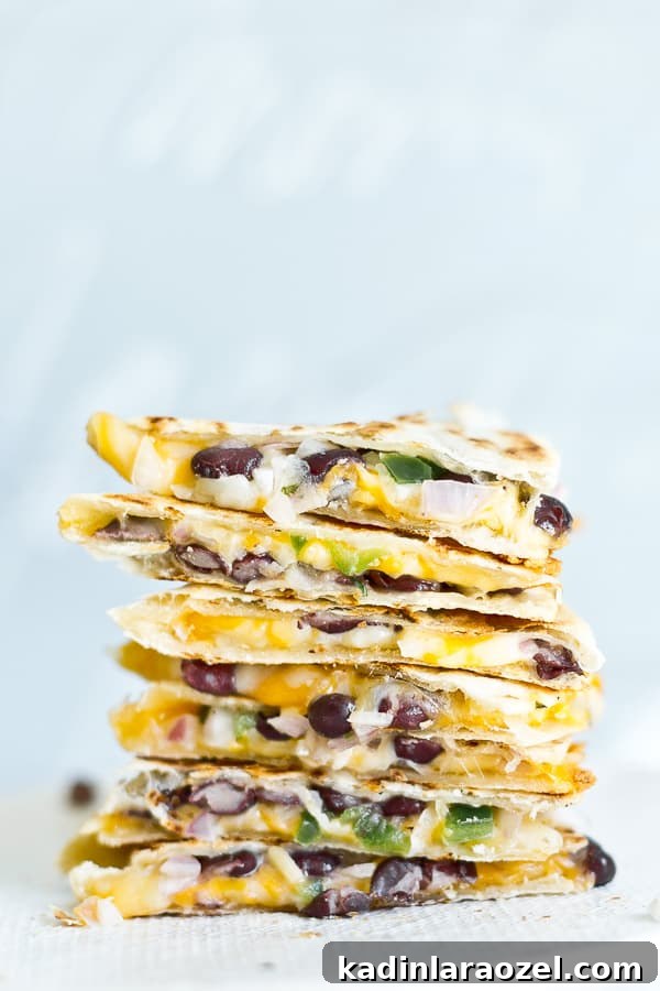 5-Minute Black Bean Quesadillas — Quick Vegetarian Recipe 2 Closeup image of cheese and black bean quesadillas, stacked on each other.