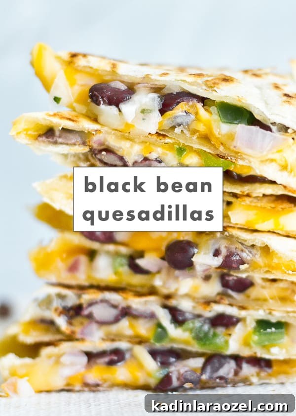 5-Minute Black Bean Quesadillas — Quick Vegetarian Recipe 3 Image of cheesy black bean quesadillas on a plate, stacked up together.