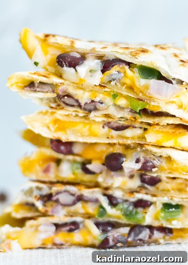 5-Minute Black Bean Quesadillas — Quick Vegetarian Recipe 4 Super closeup view of cheesy black bean quesadillas, stacked up on a plate.
