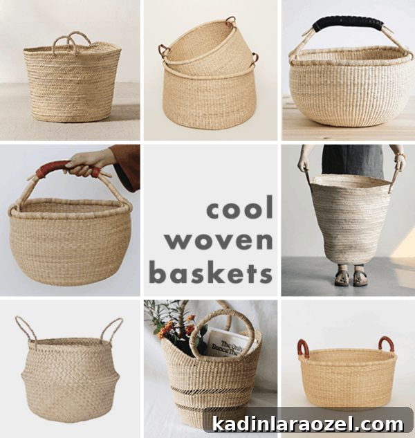 Where to Find Stylish Woven Storage Baskets Online and In-Store 3 Collage image of woven baskets in different sizes and shapes, with handles.