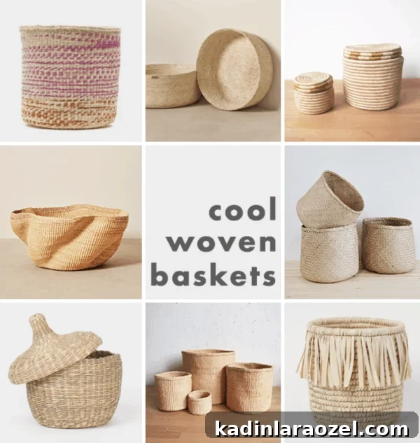 Where to Find Stylish Woven Storage Baskets Online and In-Store 4 Collage image of woven baskets in different sizes and shapes.