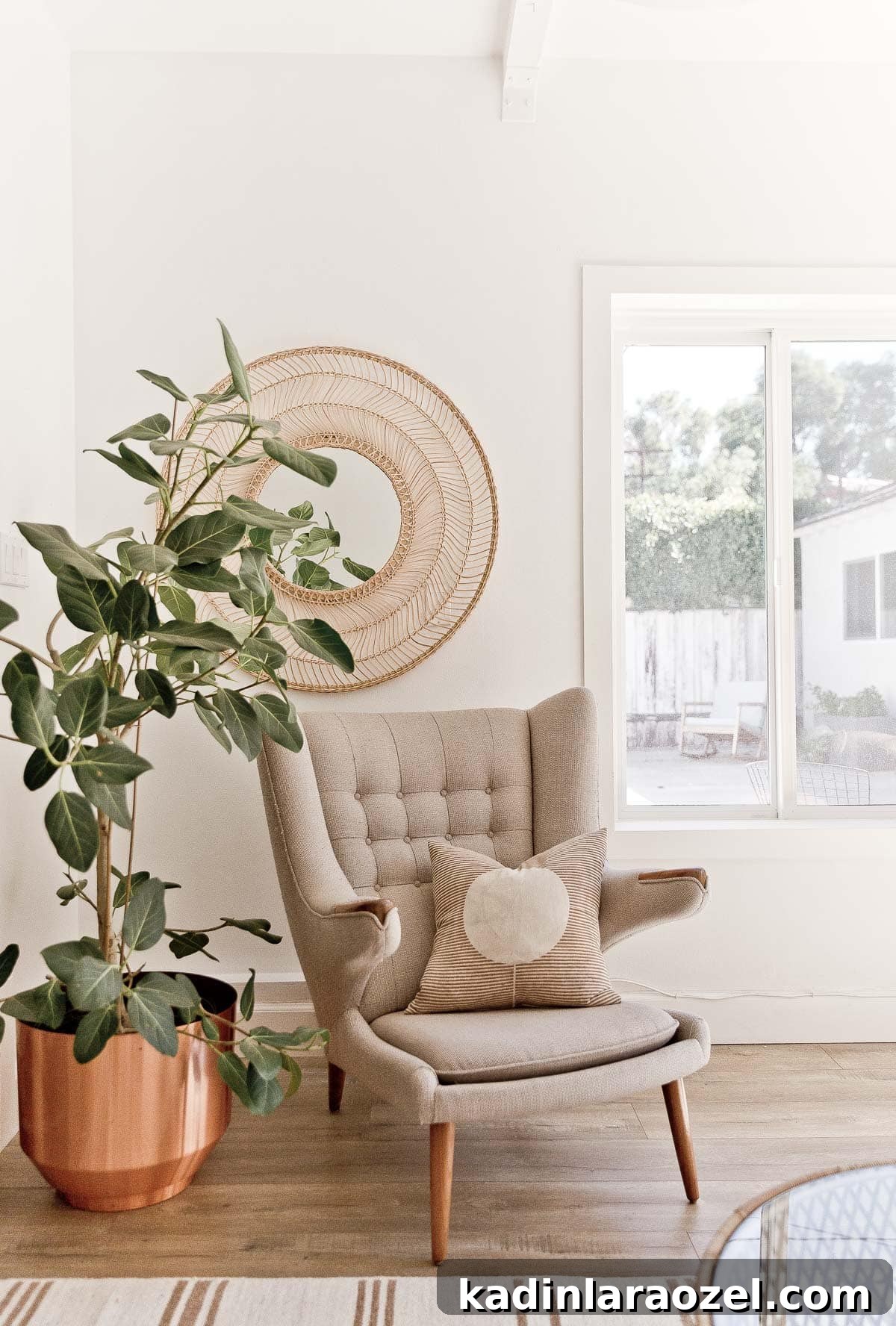 Lounge Room Makeover: In-Depth Furniture Review and Guide 6 Image of minimal reading nook with a circular mirror.