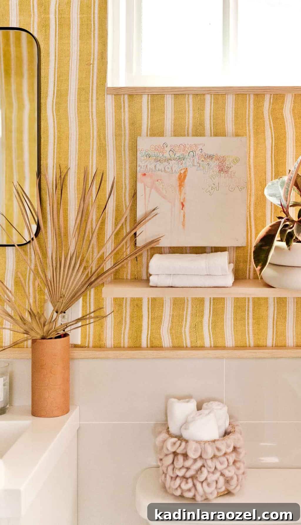 Yellow Bathroom Reveal: Stylish Renter-Friendly Makeover 6 Photo of yellow striped bathroom makeover with floating shelf.