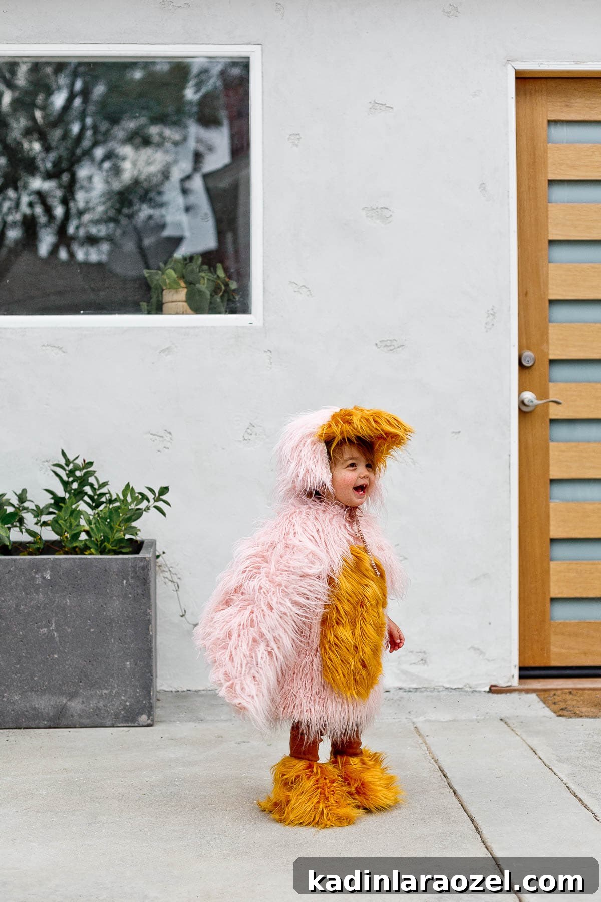 Image of toddler wearing homemade bird costume for Halloween.