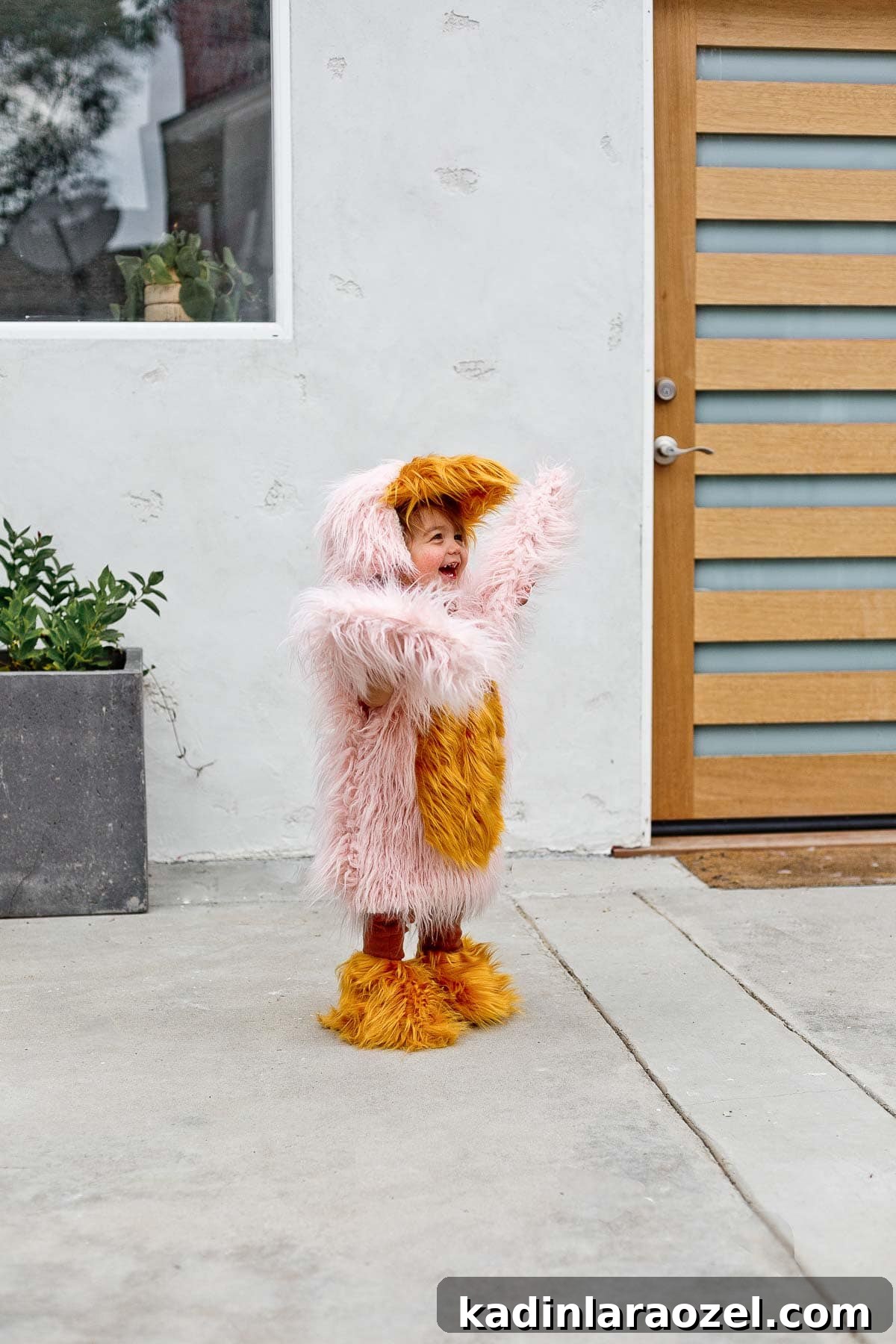 Child wearing a kids bird costume for Halloween, flapping his wings.