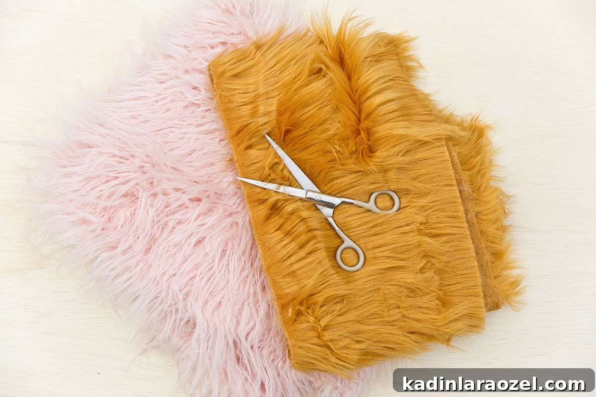 Pink and yellow fur fur with scissors stacked on top.