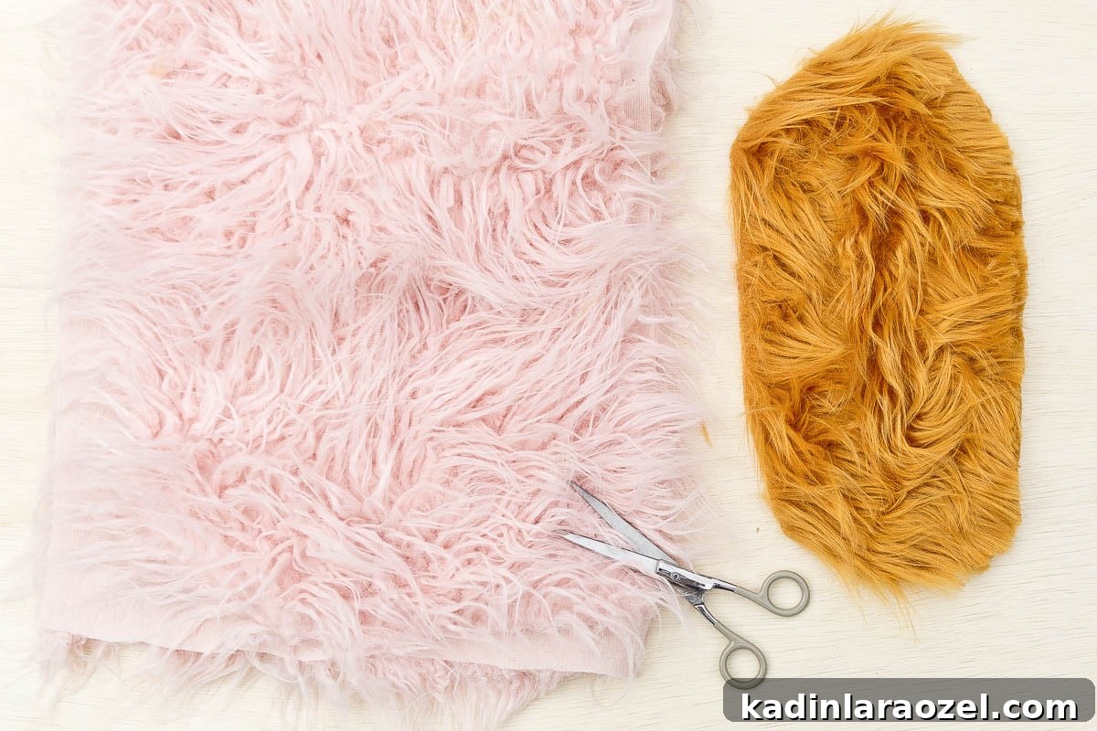 Pink and yellow faux fur with scissors.