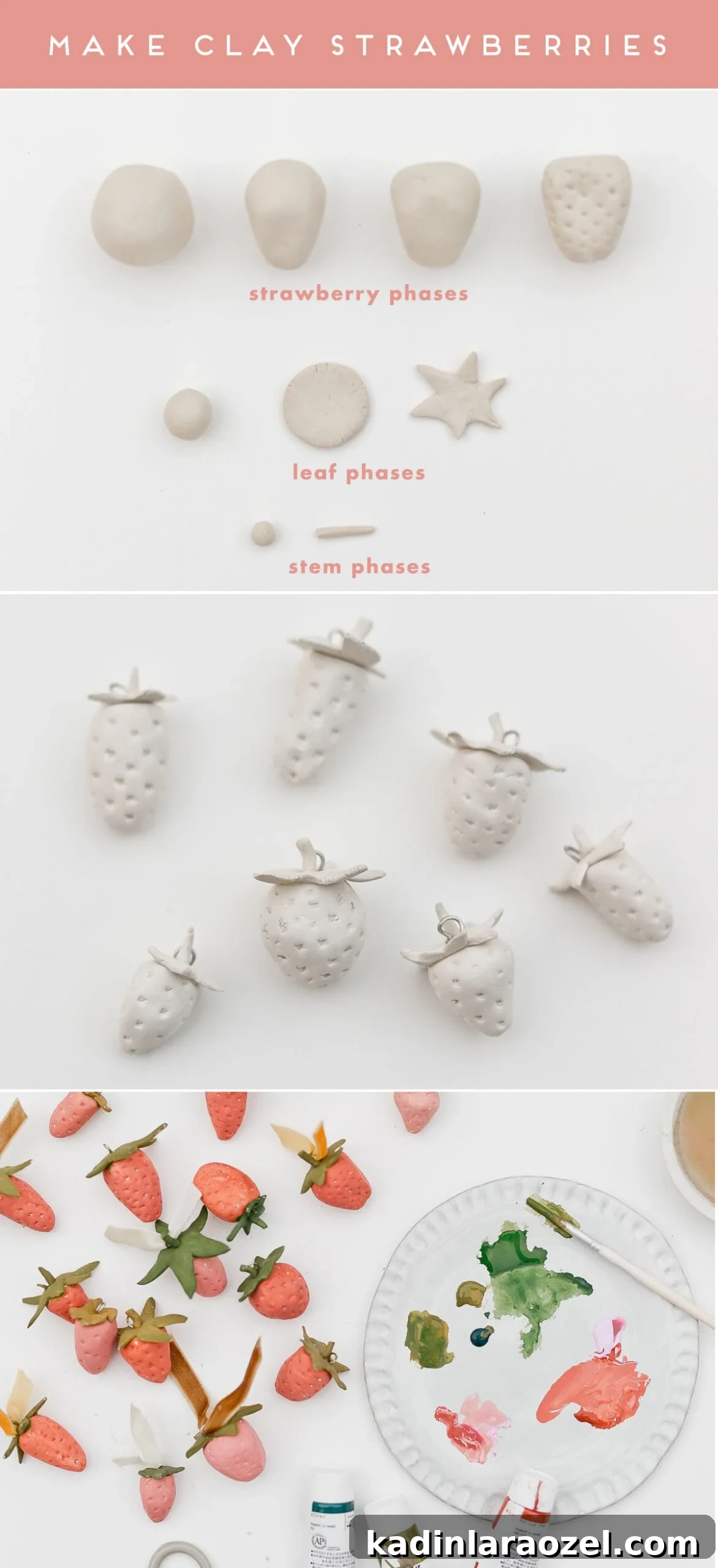 Step by step guide for making clay strawberries.