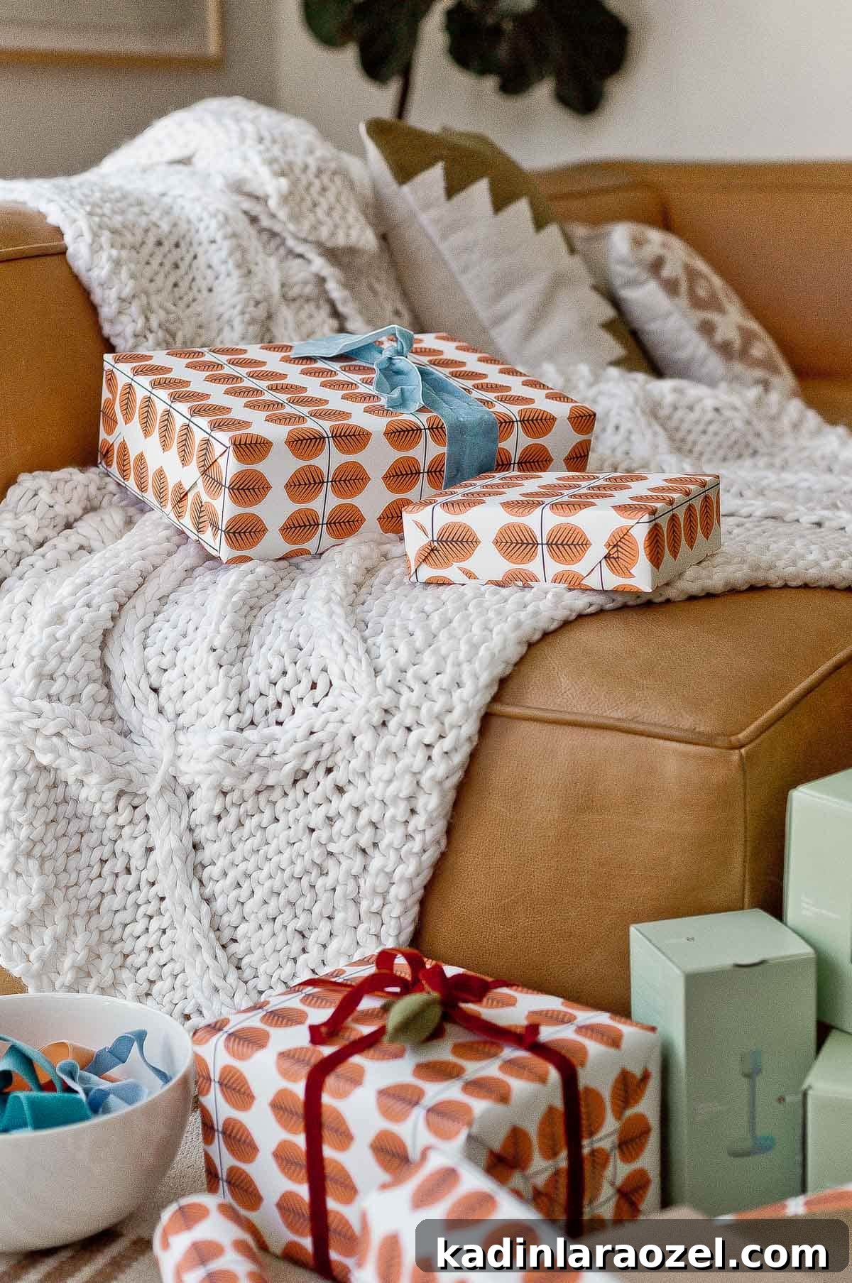 Holiday wrapping paper, in a winter living room setting.