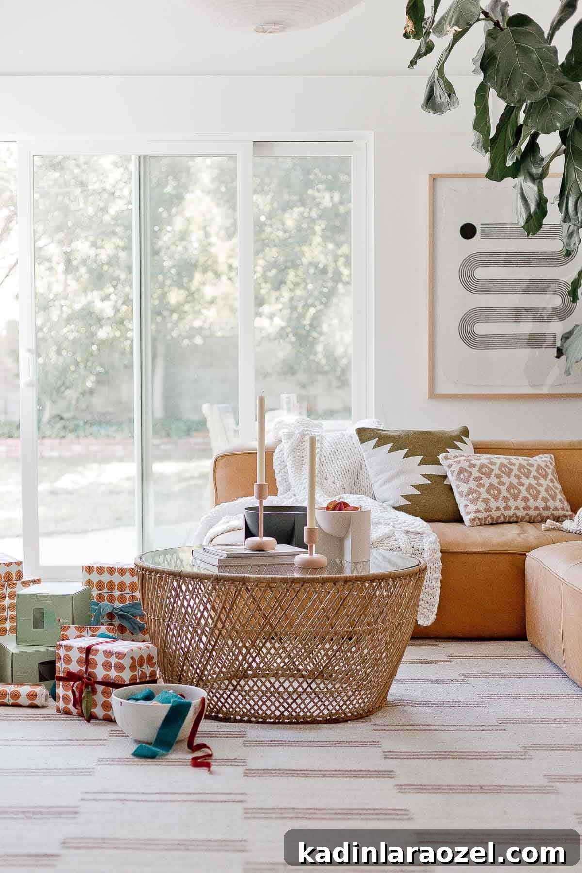 Winter home accessories and wrapped gifts for the holidays in a bohemian living room.