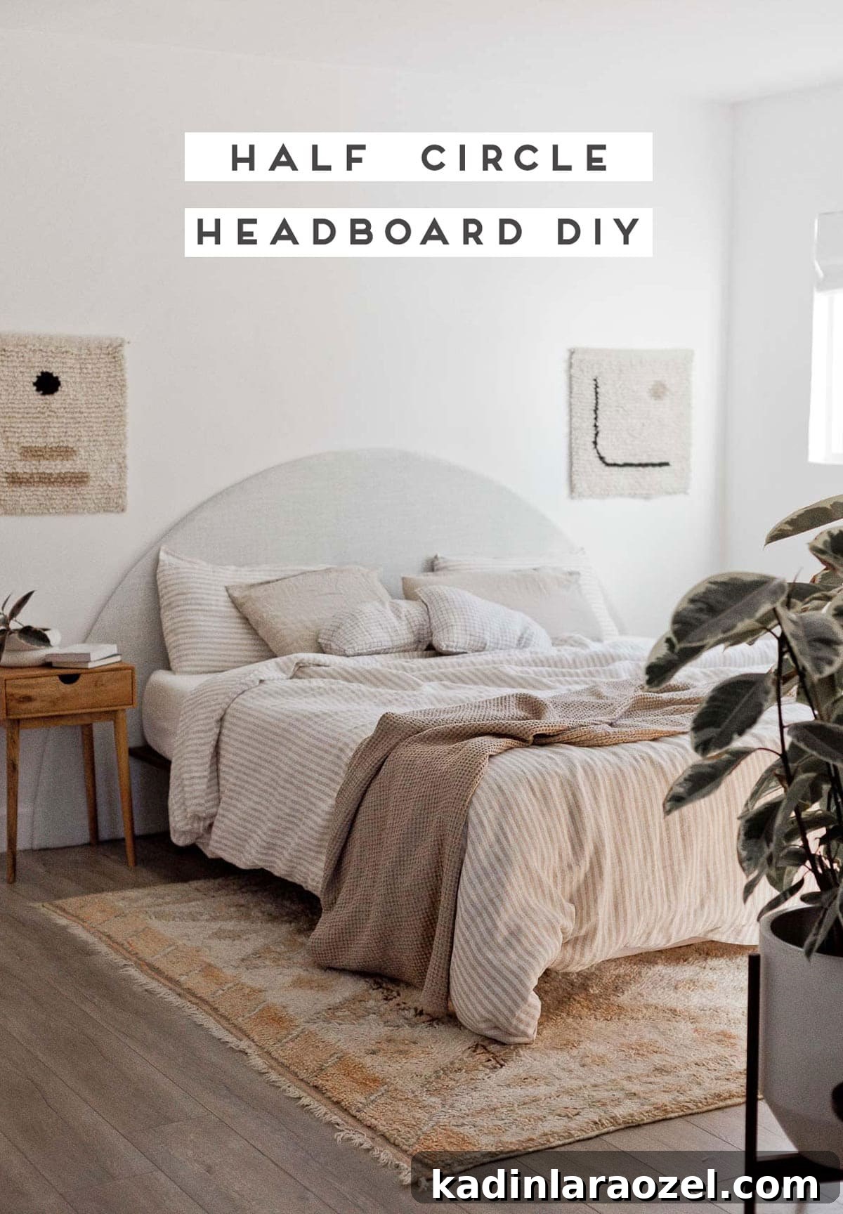 Statement-Making DIY King Size Half-Circle Headboard 2 Neutral modern bedroom with a half circle headboard and striped neutral bedding.