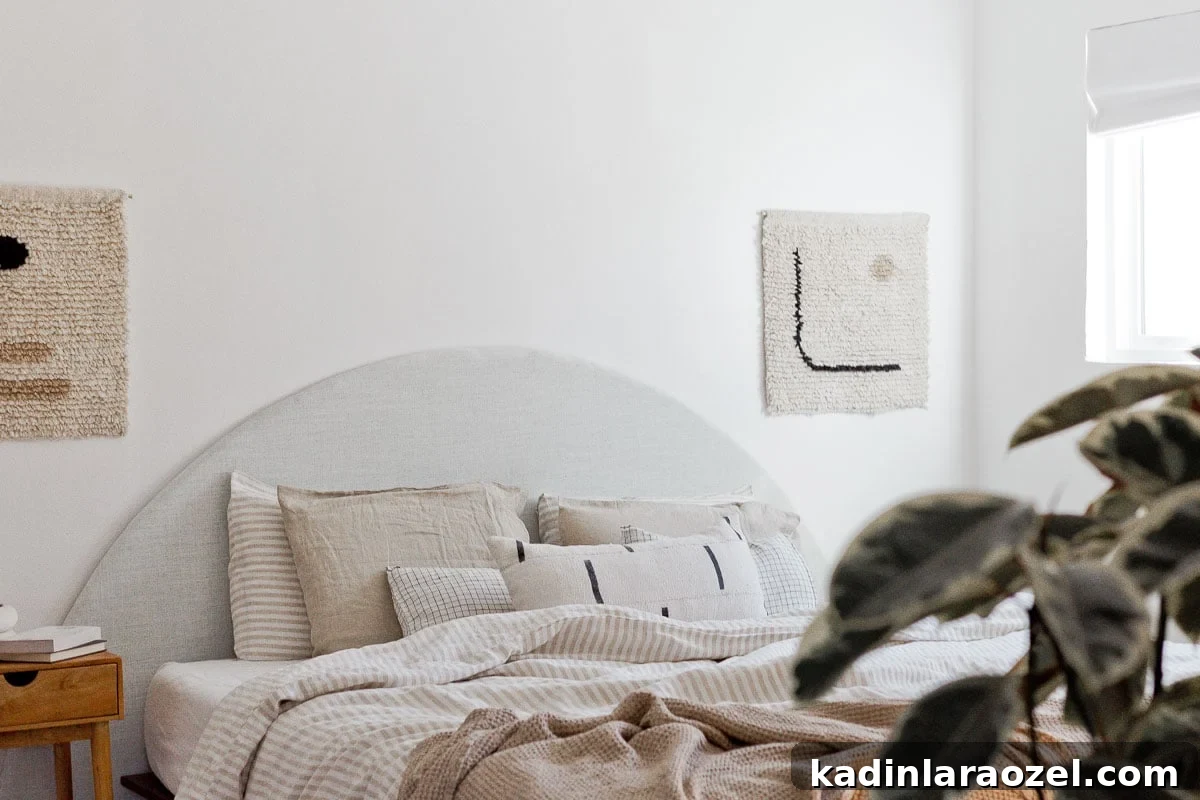 Statement-Making DIY King Size Half-Circle Headboard 12 Neutral, modern bedroom that feature a half circle DIY headboard.