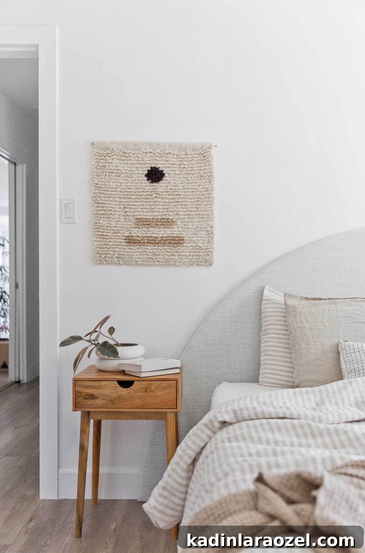 Statement-Making DIY King Size Half-Circle Headboard 13 Closeup detail of organic modern bedroom with half circle statement headboard.