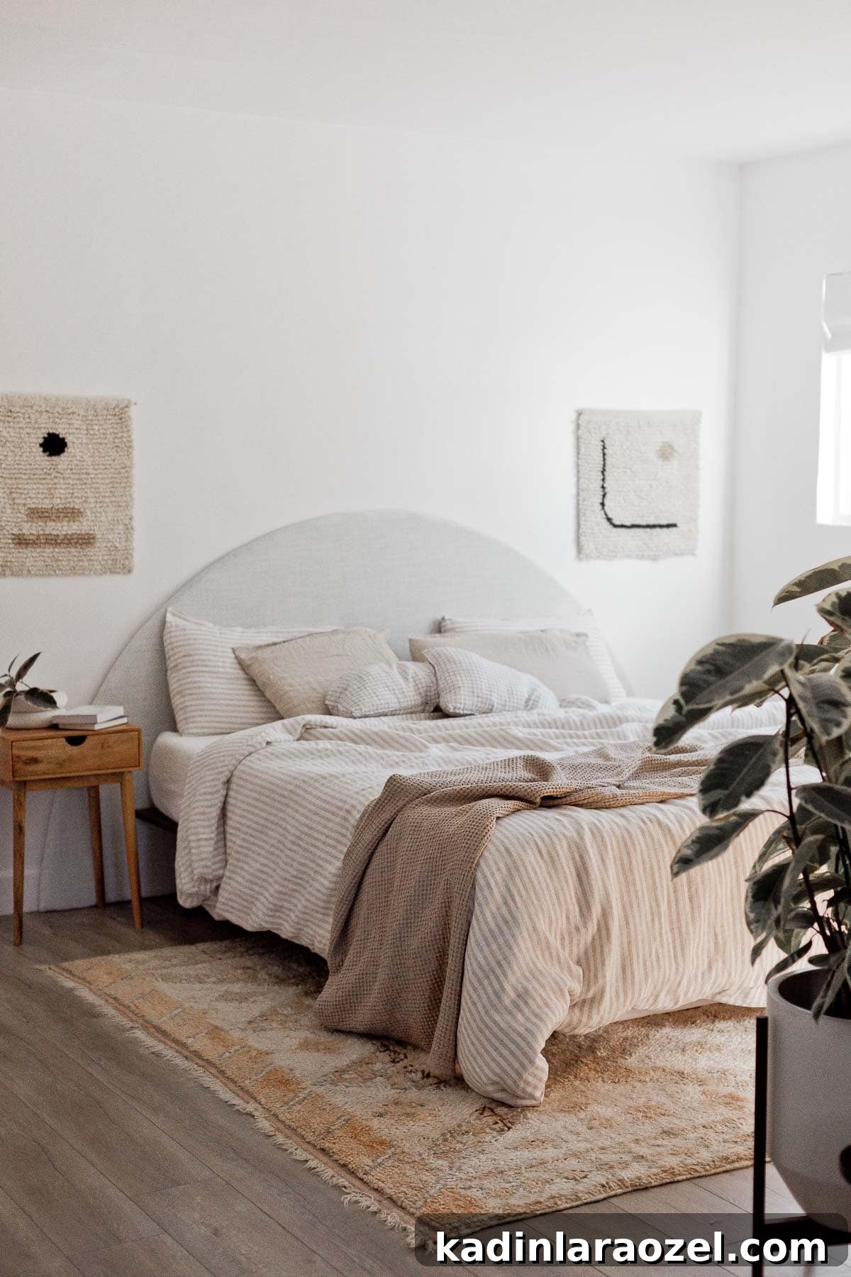 Statement-Making DIY King Size Half-Circle Headboard 14 Organic modern bedroom with neutral textiles and unique artwork.
