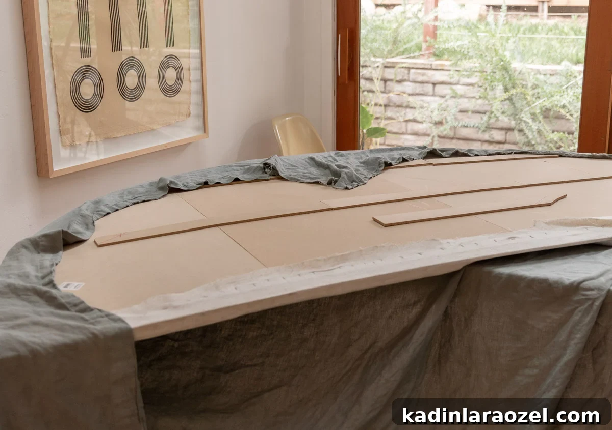 Statement-Making DIY King Size Half-Circle Headboard 17 fabric dropped over back of a round DIY headboard, on a table, ready for reupholstery