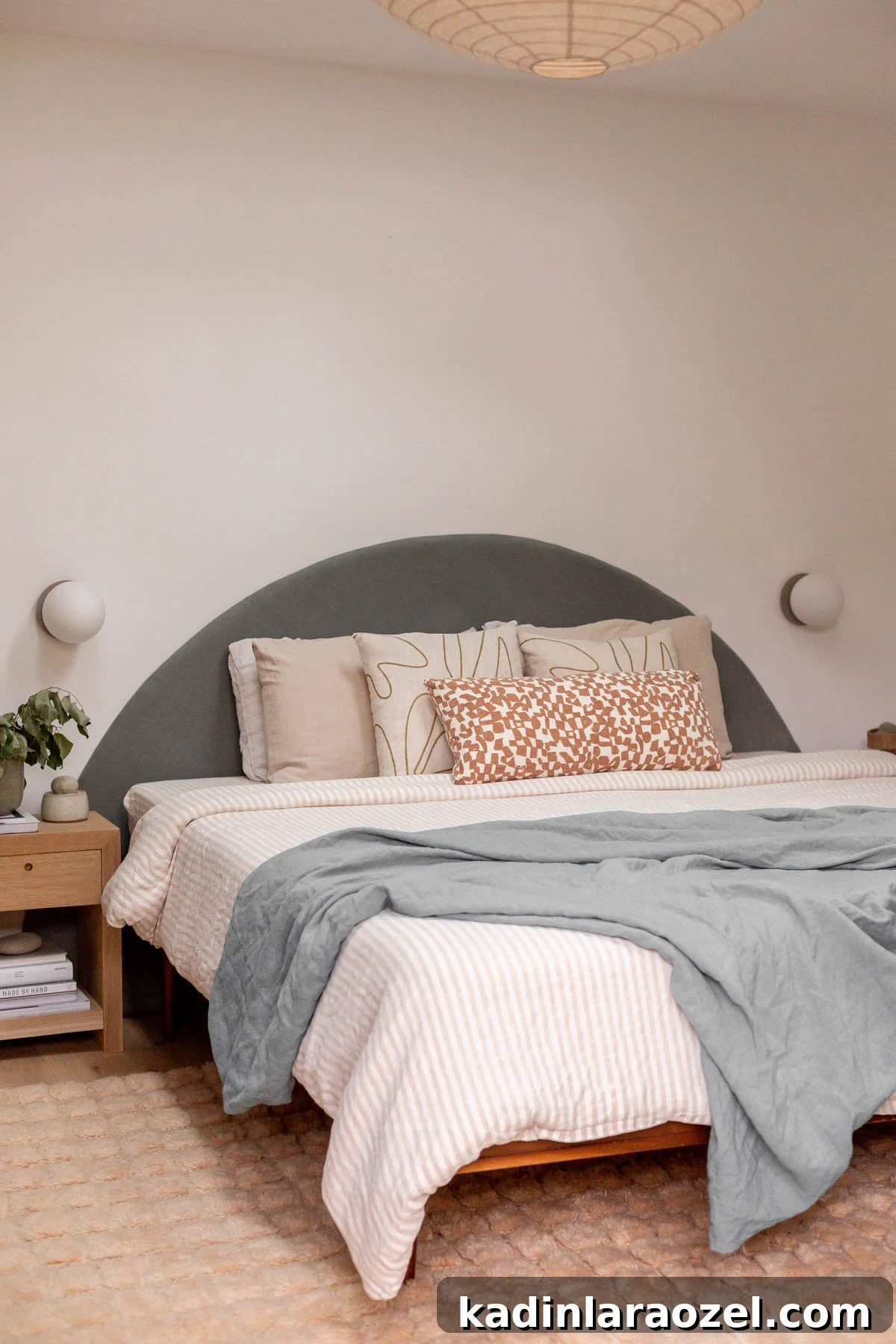 Statement-Making DIY King Size Half-Circle Headboard 18 minimal modern bedroom with earthy neutral decor and round headboard