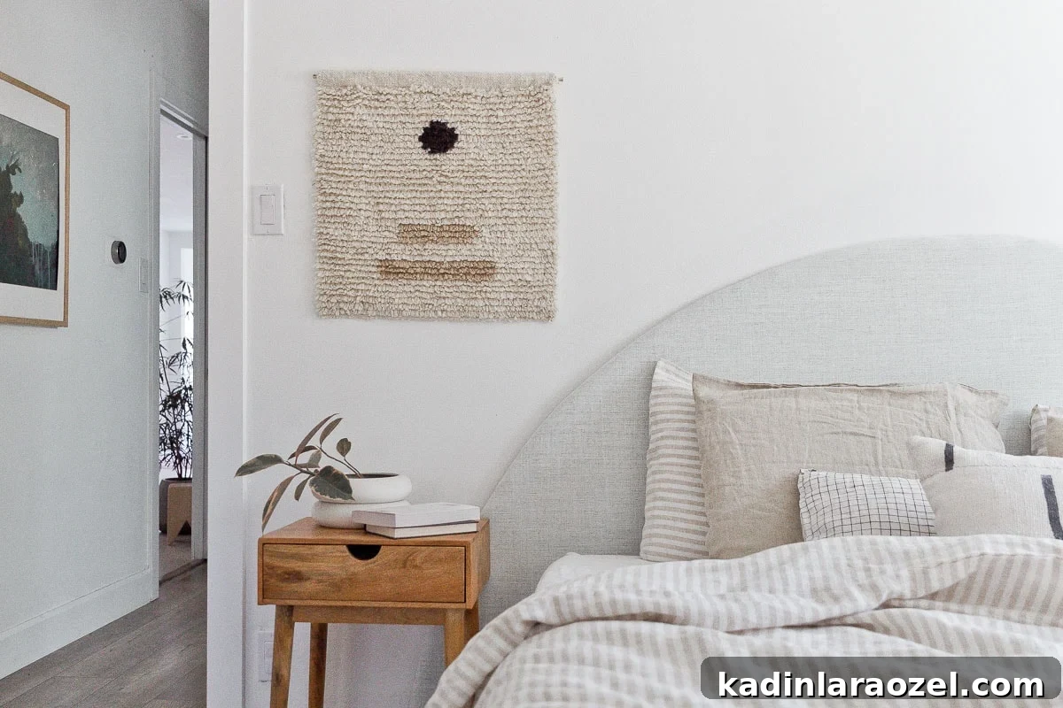 Statement-Making DIY King Size Half-Circle Headboard 3 Neutral bedroom with minimal decor, in a modern setting.