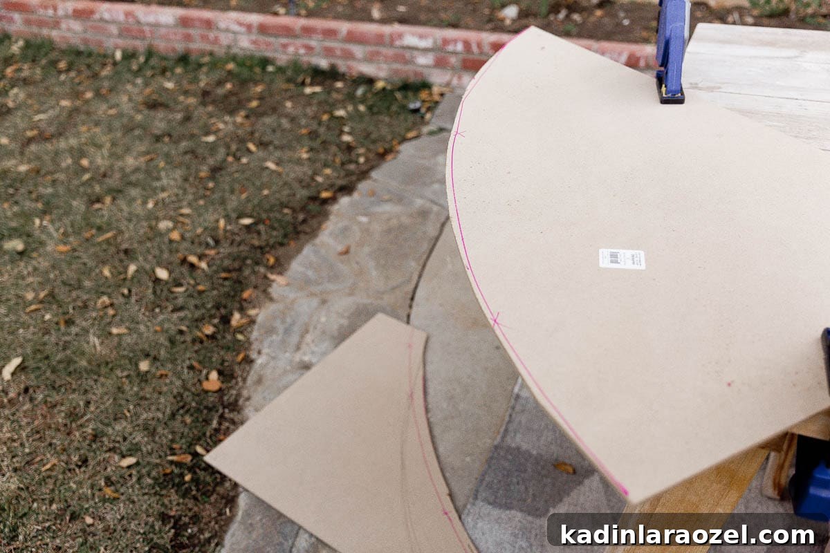 Statement-Making DIY King Size Half-Circle Headboard 5 Cutting MDF panels with a jigsaw to make a DIY headboard.