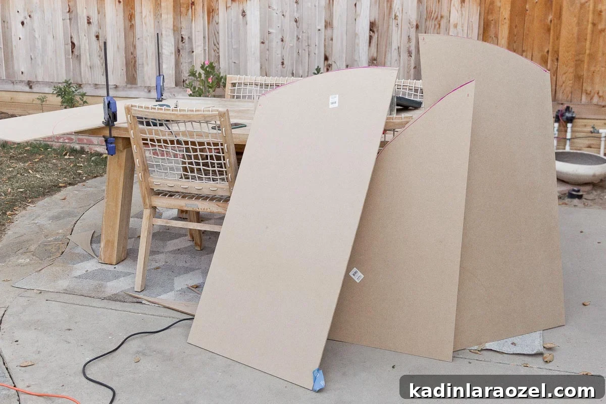 Statement-Making DIY King Size Half-Circle Headboard 6 MDF panels leaning against a table, after being cut with a jigsaw.