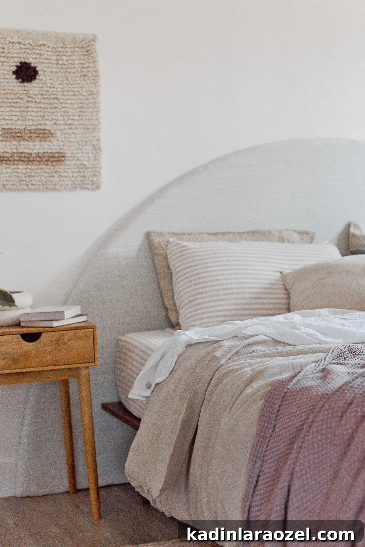 Striped linen duvet on bed