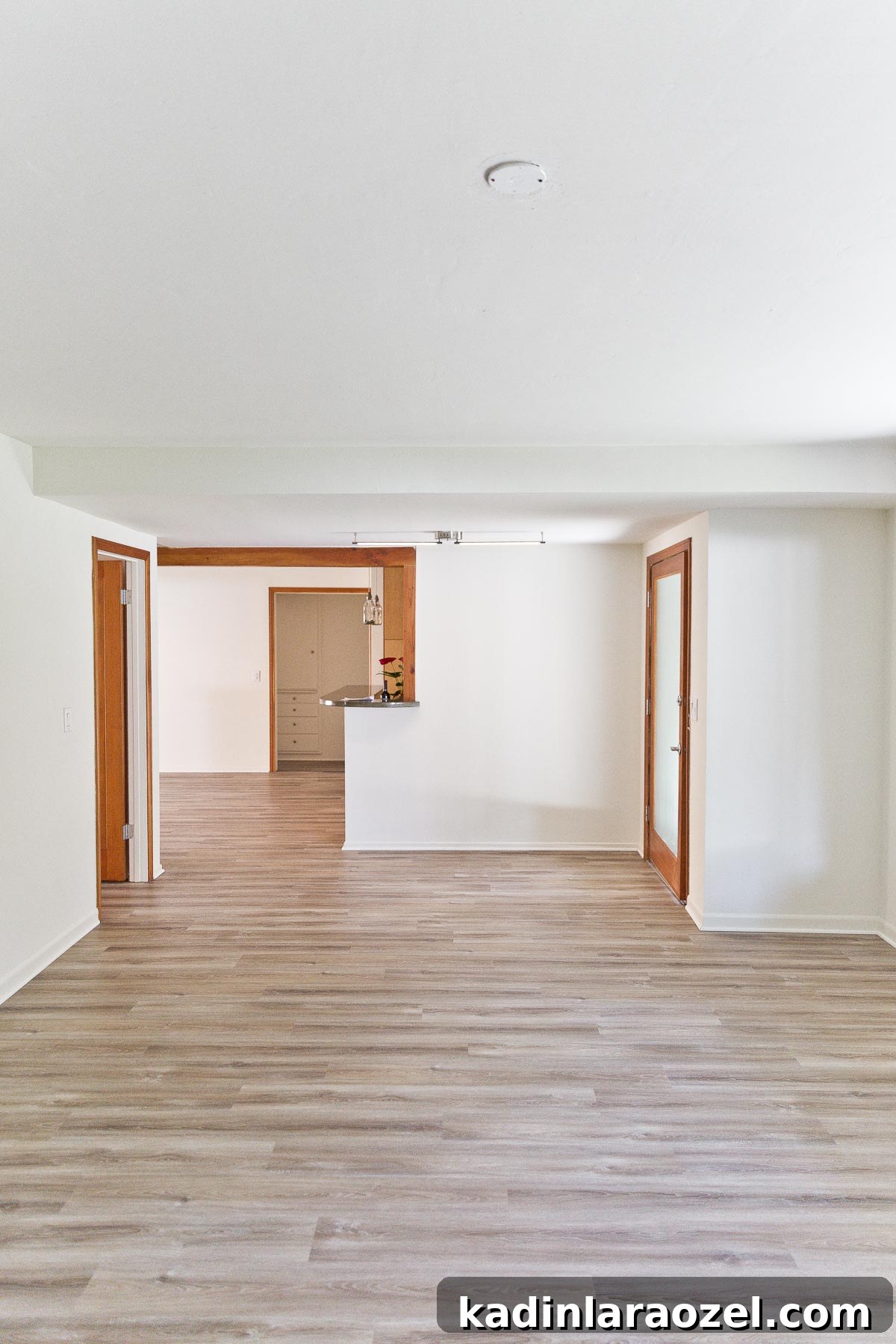 Photo of empty house with white walls and wood floors.
