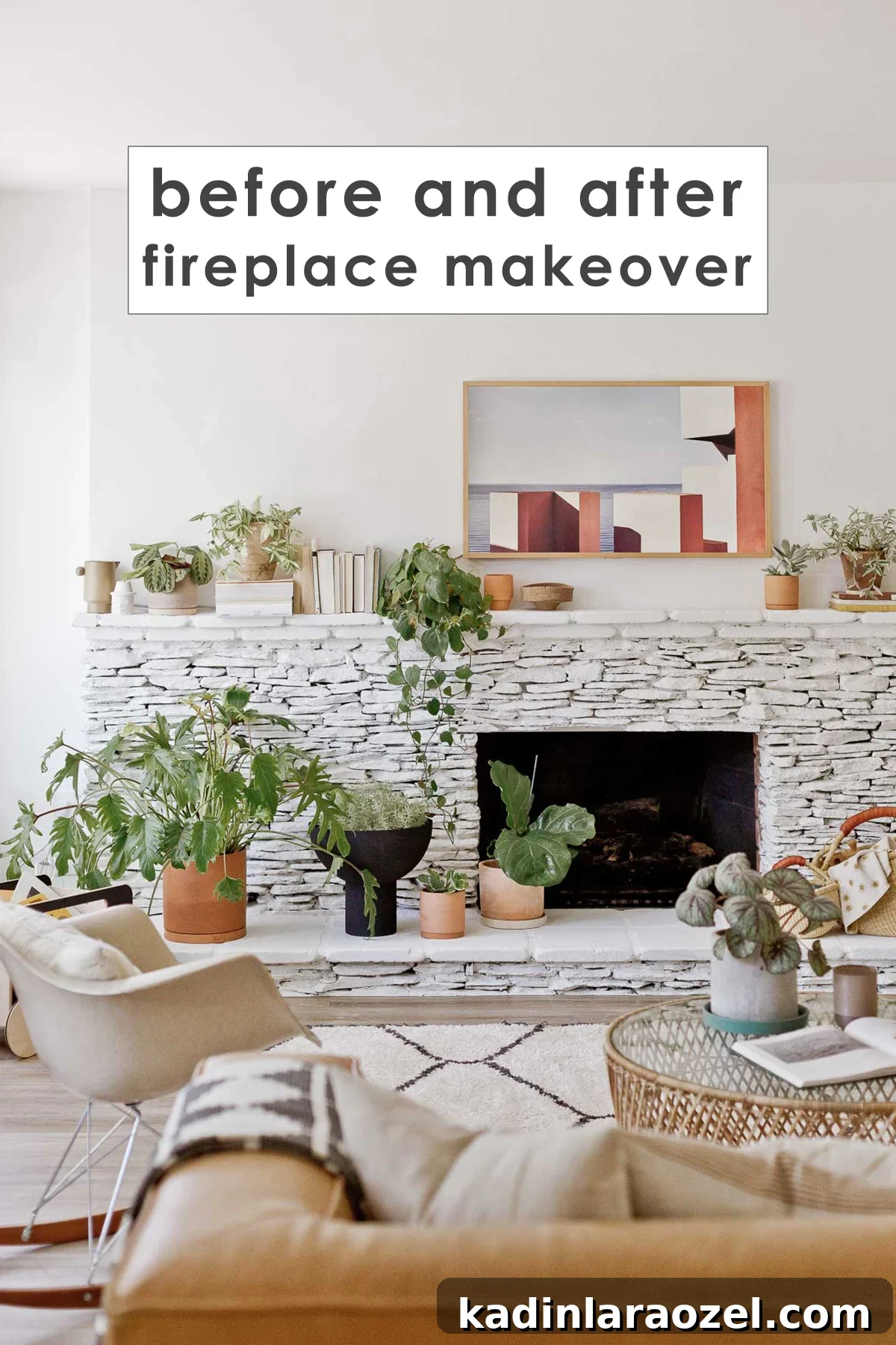 Fireplace Makeover Before & After: Stunning Transformations and Ideas 10 painted white stone fireplace in boho modern living room, with text overlay