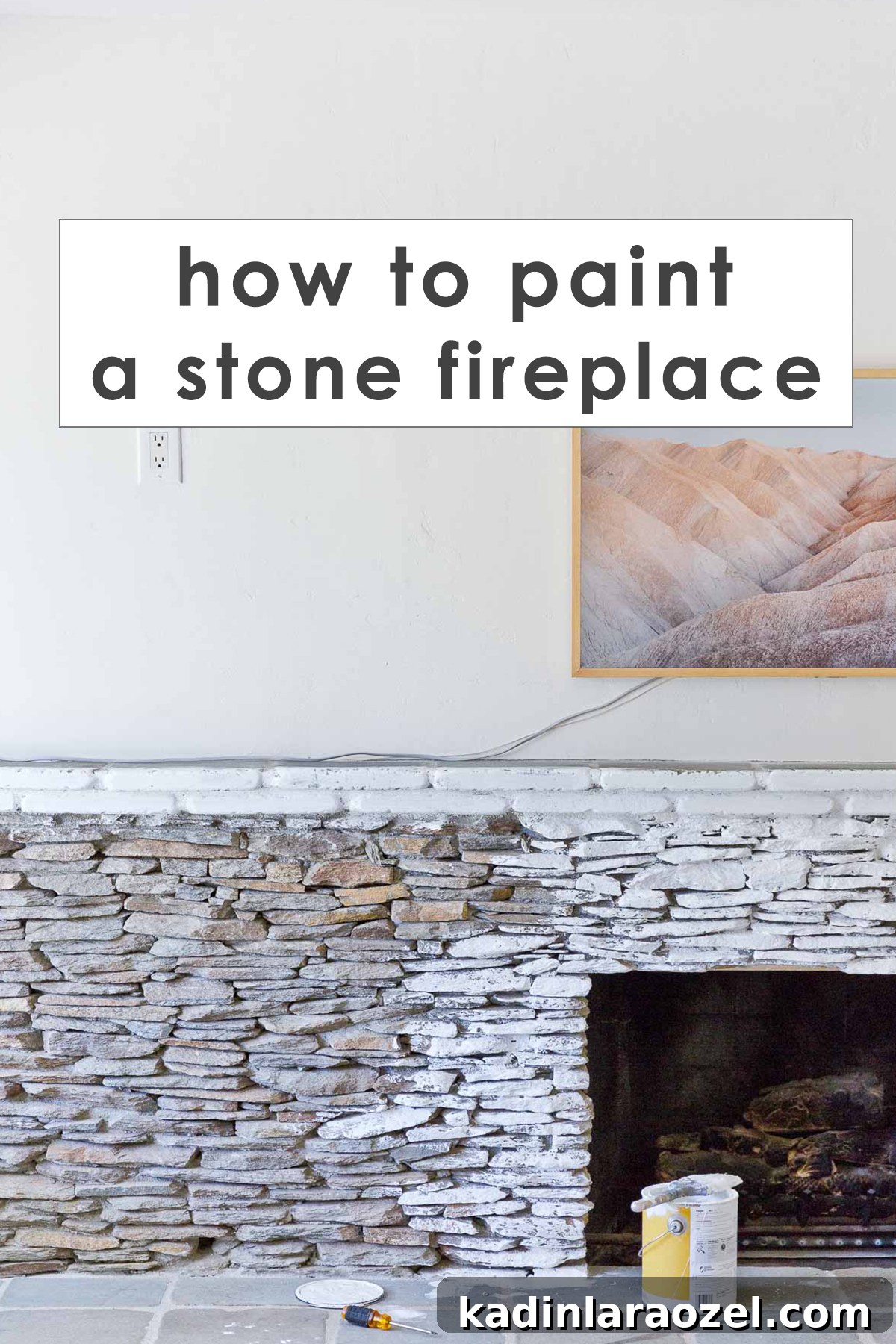 Fireplace Makeover Before & After: Stunning Transformations and Ideas 5 halfway painted stacked stone fireplace in white, with text overlay