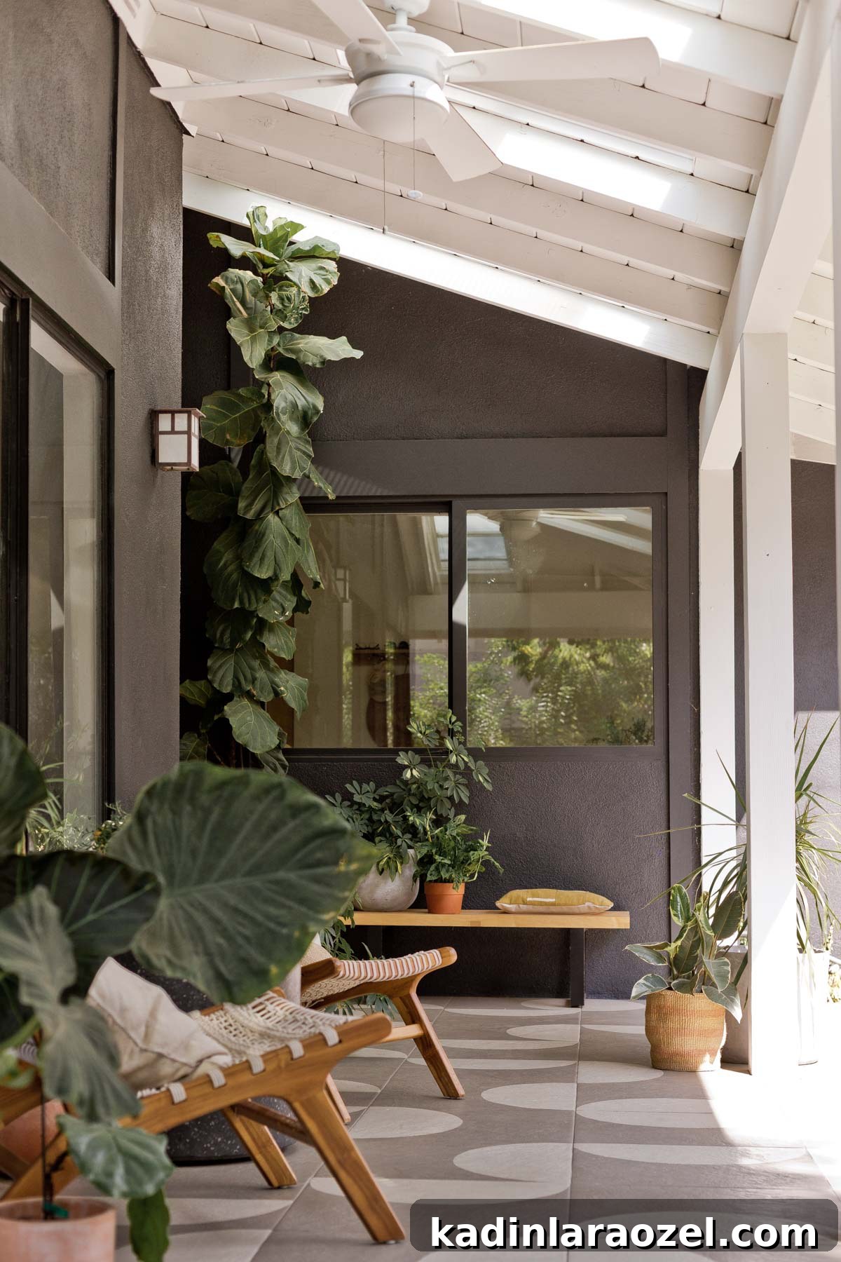 Porch Tile Painting Guide: Transform Your Floor in One Weekend 10 Modern front porch with dark walls and pattern tile floors.
