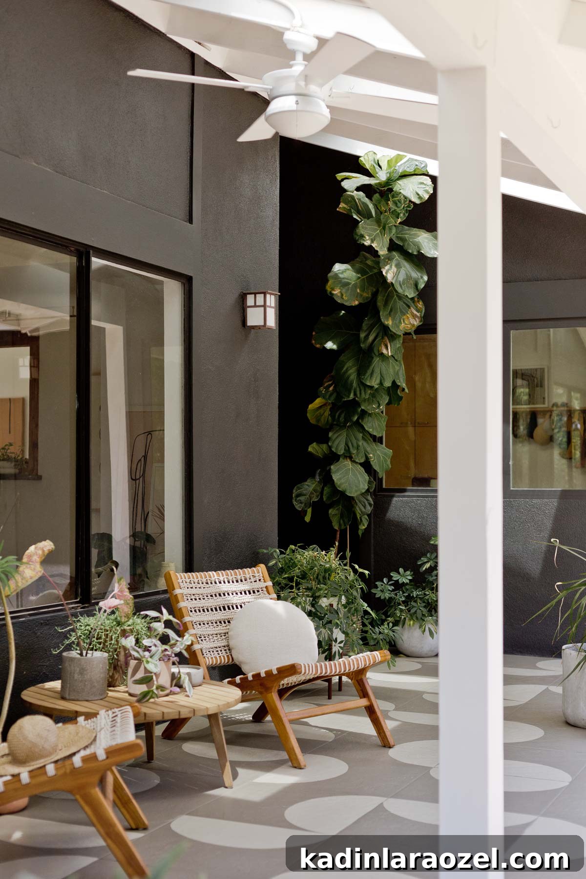 Porch Tile Painting Guide: Transform Your Floor in One Weekend 11 Modern front porch with wood furniture and pattern tile floors.