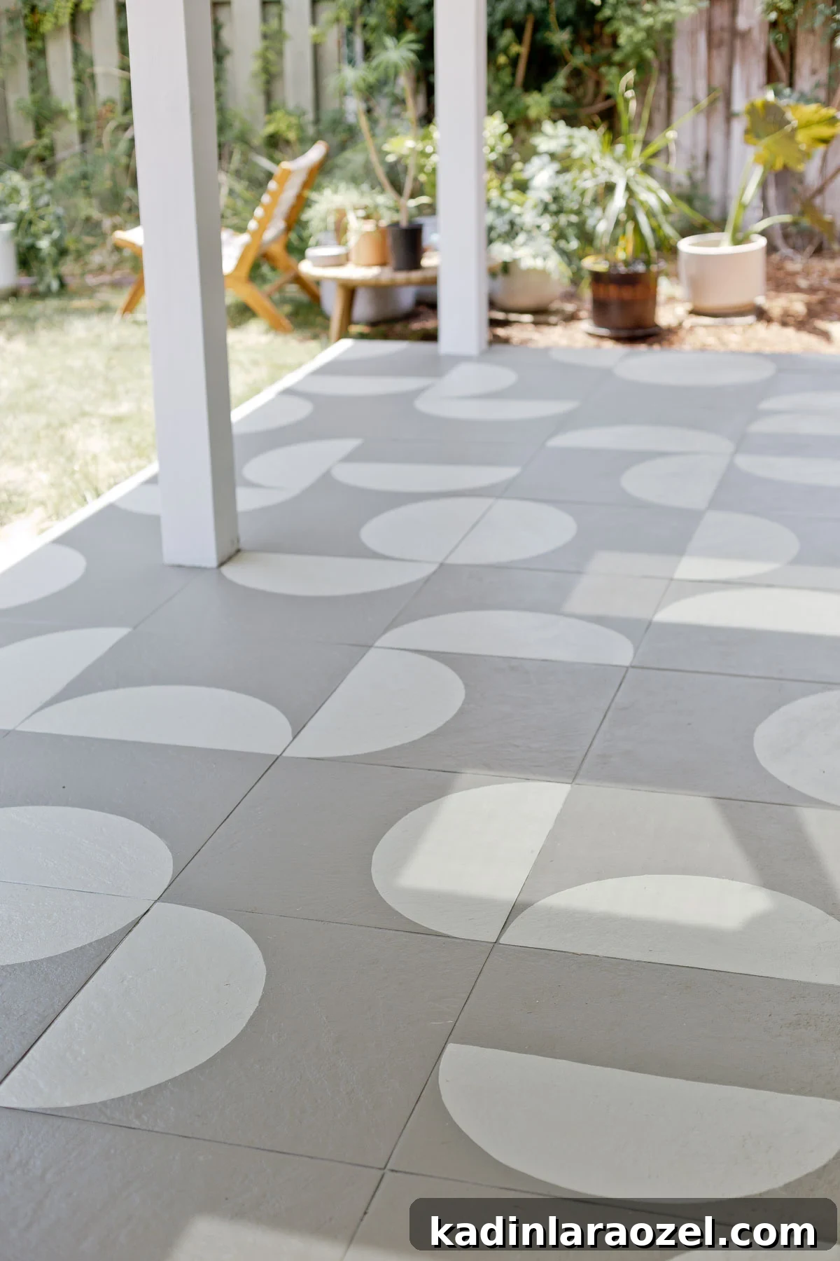 Porch Tile Painting Guide: Transform Your Floor in One Weekend 8 Painted and stenciled geometric pattern tiles in modern, grey and white pattern.