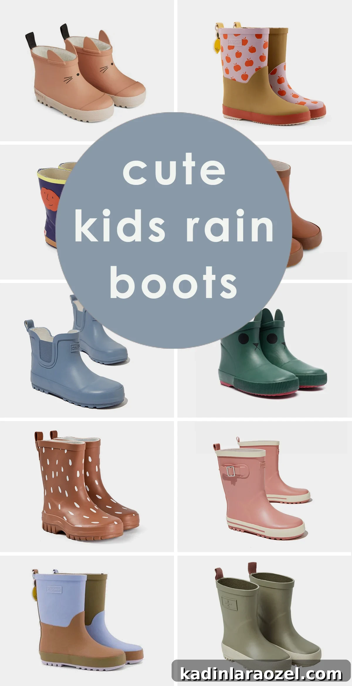 Kids rain boots in different colors with blue graphic