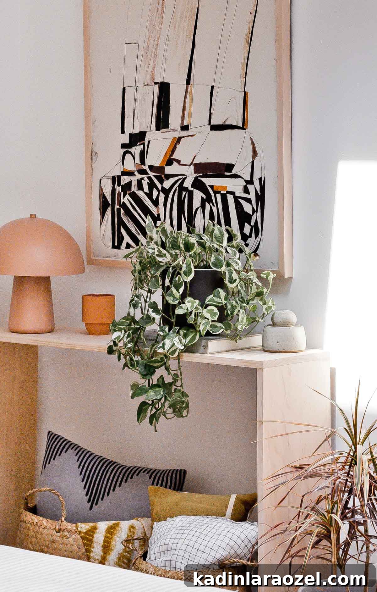 Simple wood console table with pink mushroom lamp and large plants