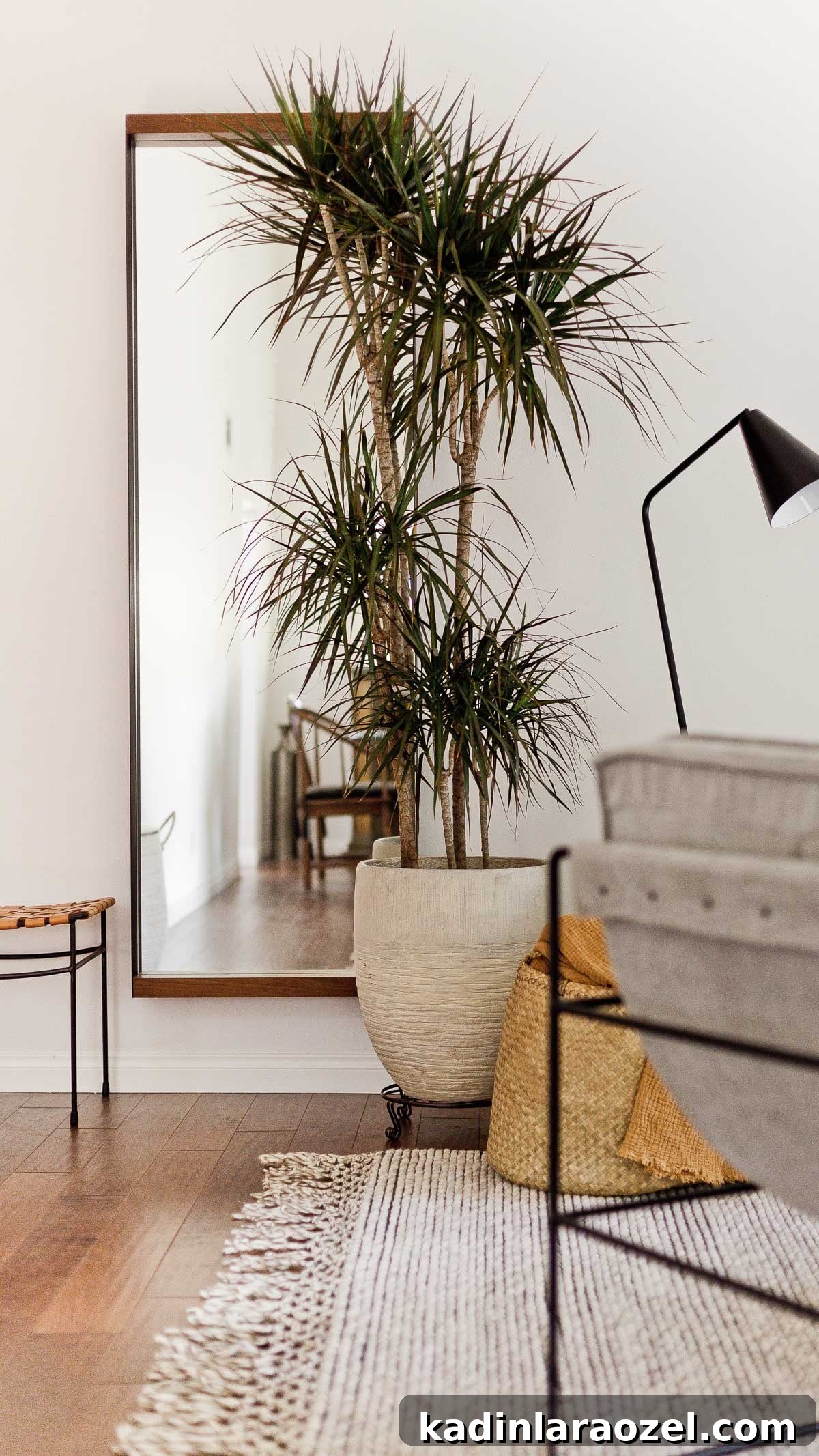 Earthy neutral living room with creamy textures and tall plants