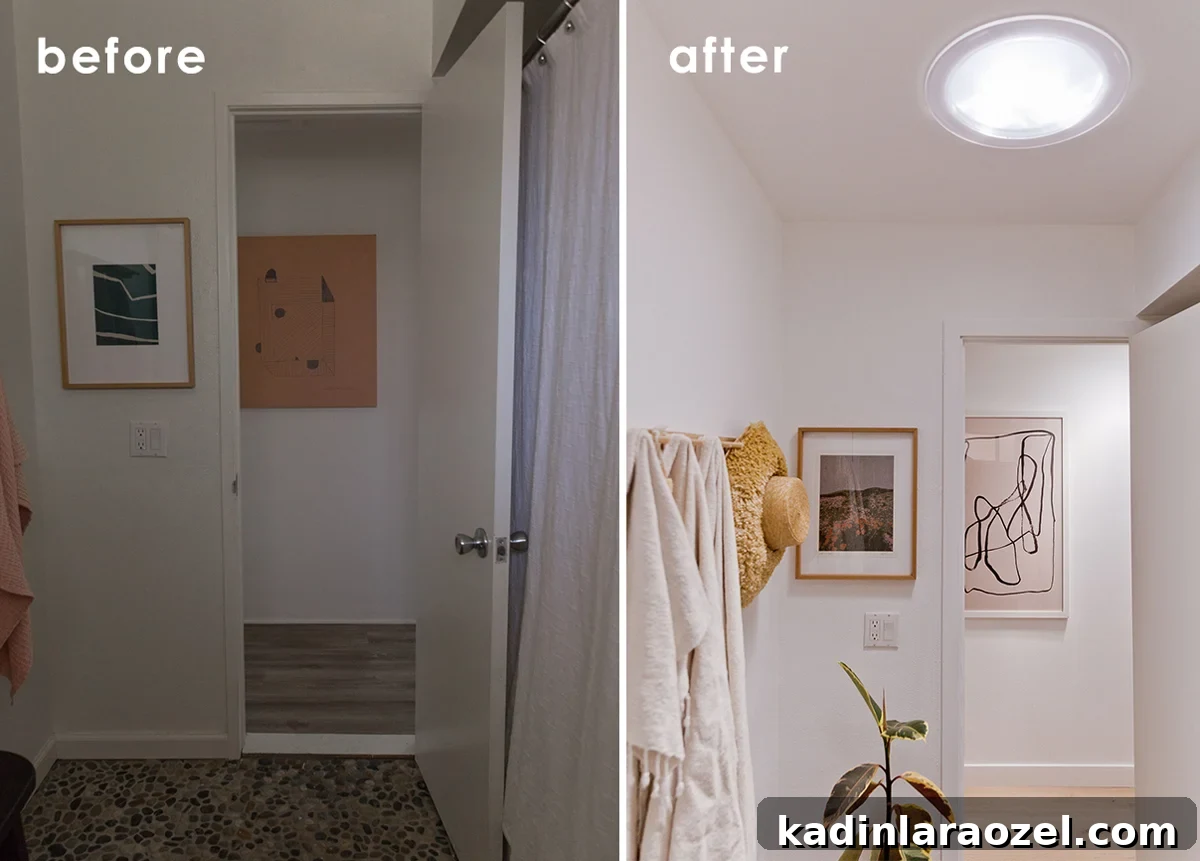 Let There Be Light: Designing with Sun Tunnels for Brighter Homes 3 Before and after bathroom transformation in minimal, neutral space
