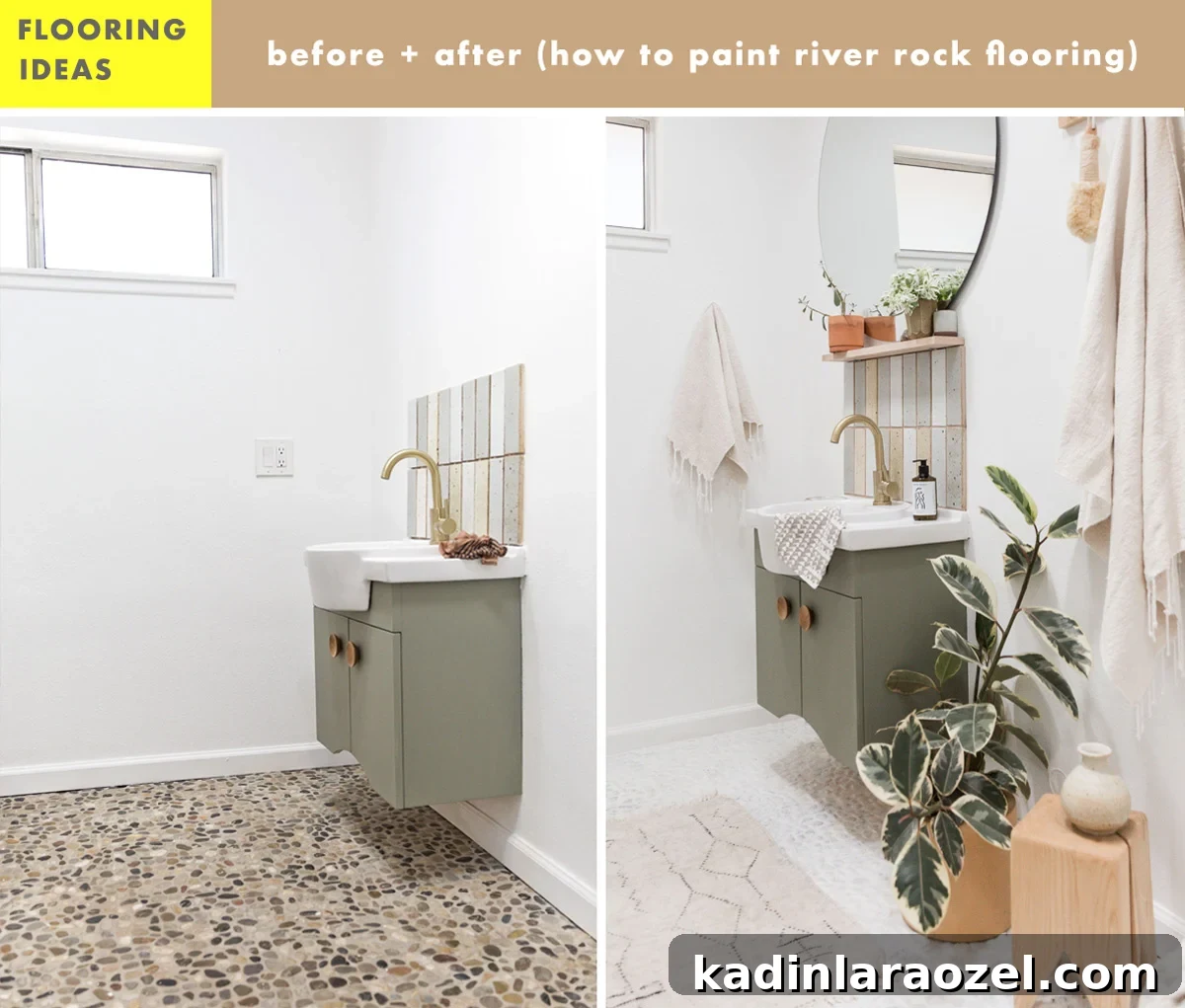 How to Paint Tile Floors: Step-by-Step Tutorial and Tips 3 side by side before and after bathroom renovation with painted white floors