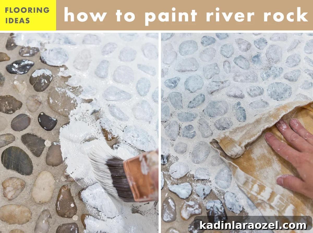 How to Paint Tile Floors: Step-by-Step Tutorial and Tips 4 Painting river rock flooring with a paint brush and removing excess paint with a rag