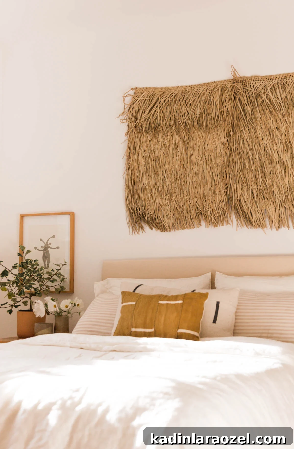 DIY Upholstered Headboard: Step-by-Step Project Guide 2 Minimal beachy bedroom with a DIY upholstered headboard and mud cloth pillows