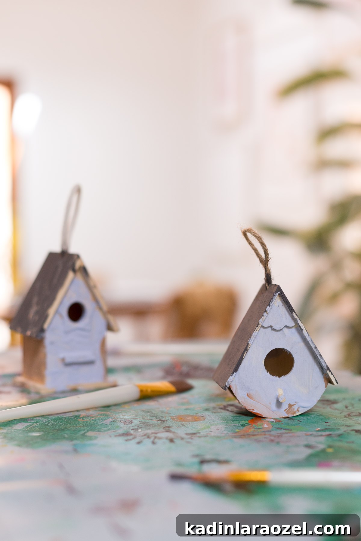 Birdhouse Craft Kits for Kids Party Favors 4 Muted blue paint on a child's birdhouse.