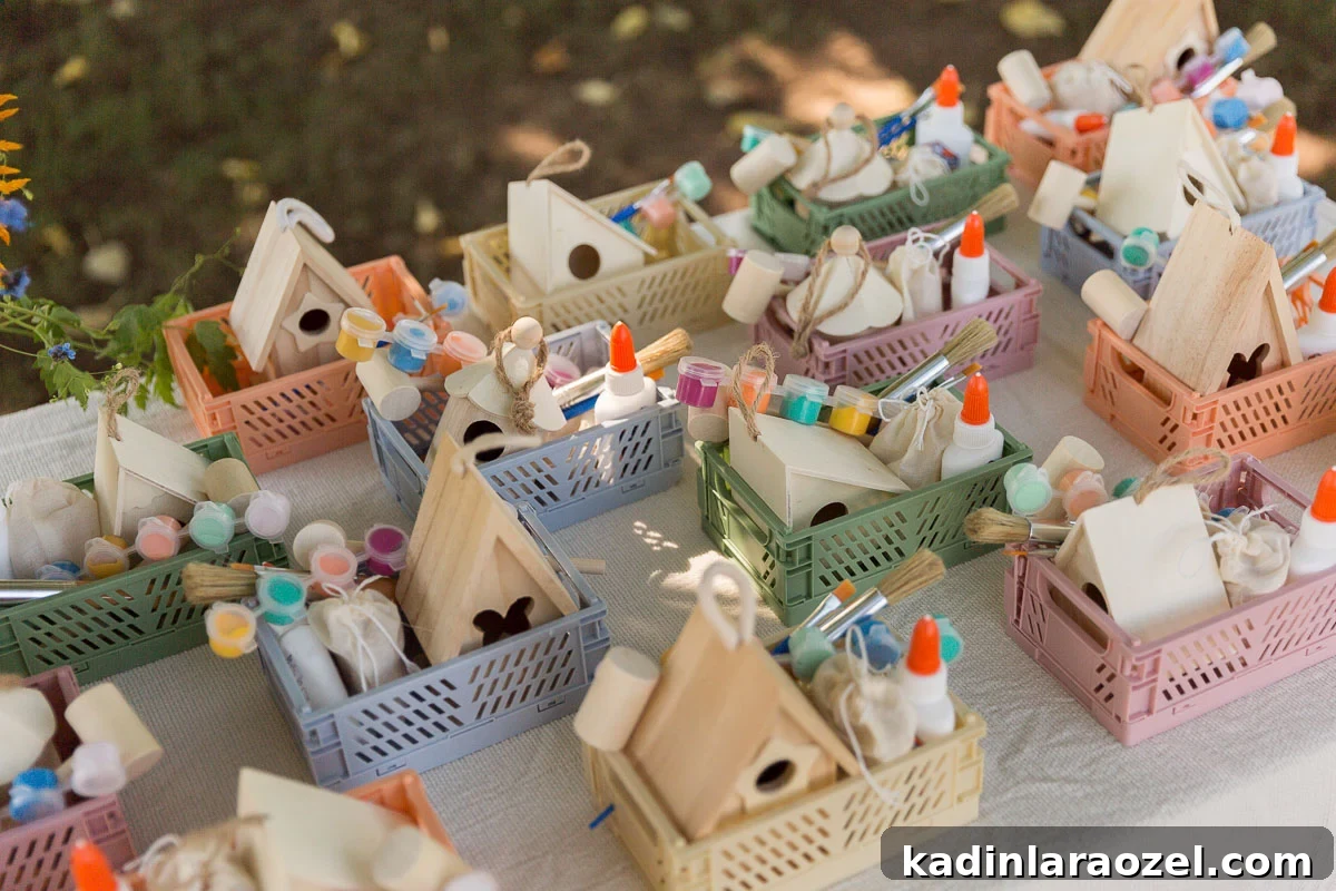 Birdhouse Craft Kits for Kids Party Favors 7 Birdhouse party favors lined up on white tablecloth with flowers and paint