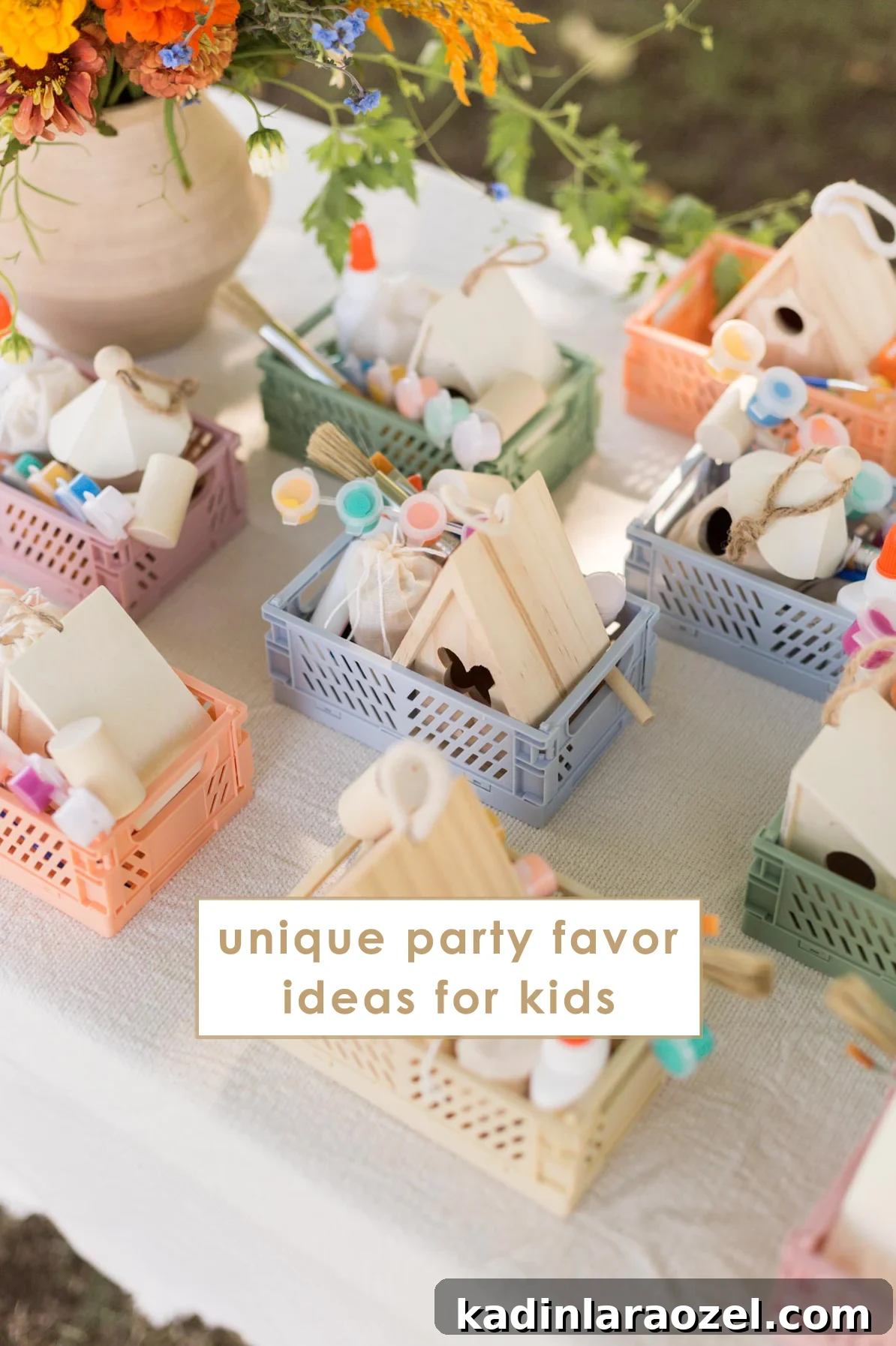 Birdhouse Craft Kits for Kids Party Favors 8 Wood birdhouse kits nestled in pastel containers on a white tablecloth