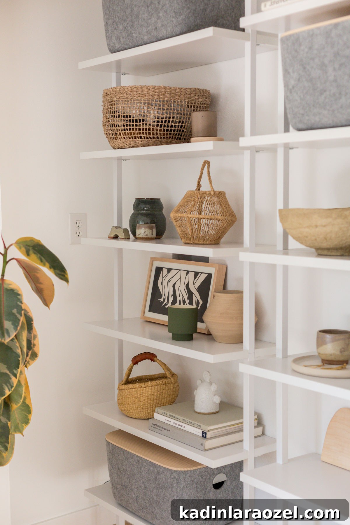 Closet Makeover: Transform Clutter Into a Stylish, Organized Space 7 Closet close-up with white walls and white shelves, styled with organic modern decor