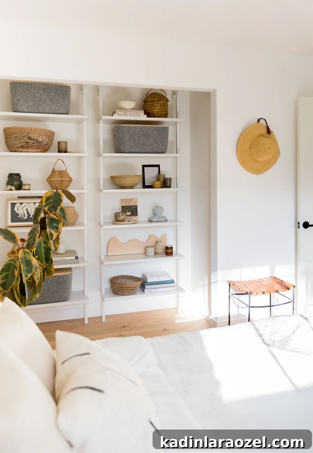 Closet Makeover: Transform Clutter Into a Stylish, Organized Space 10 Full room view, with all white closet makeover in organic modern style.