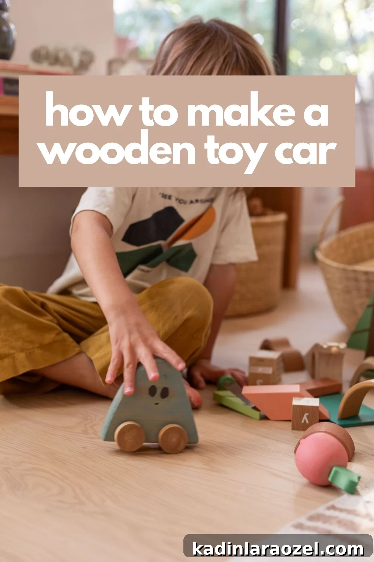 Build a Wooden Toy Car: Step-by-Step Guide and Plans 4 child playing with a wooden toy car with a friendly ghost face on it