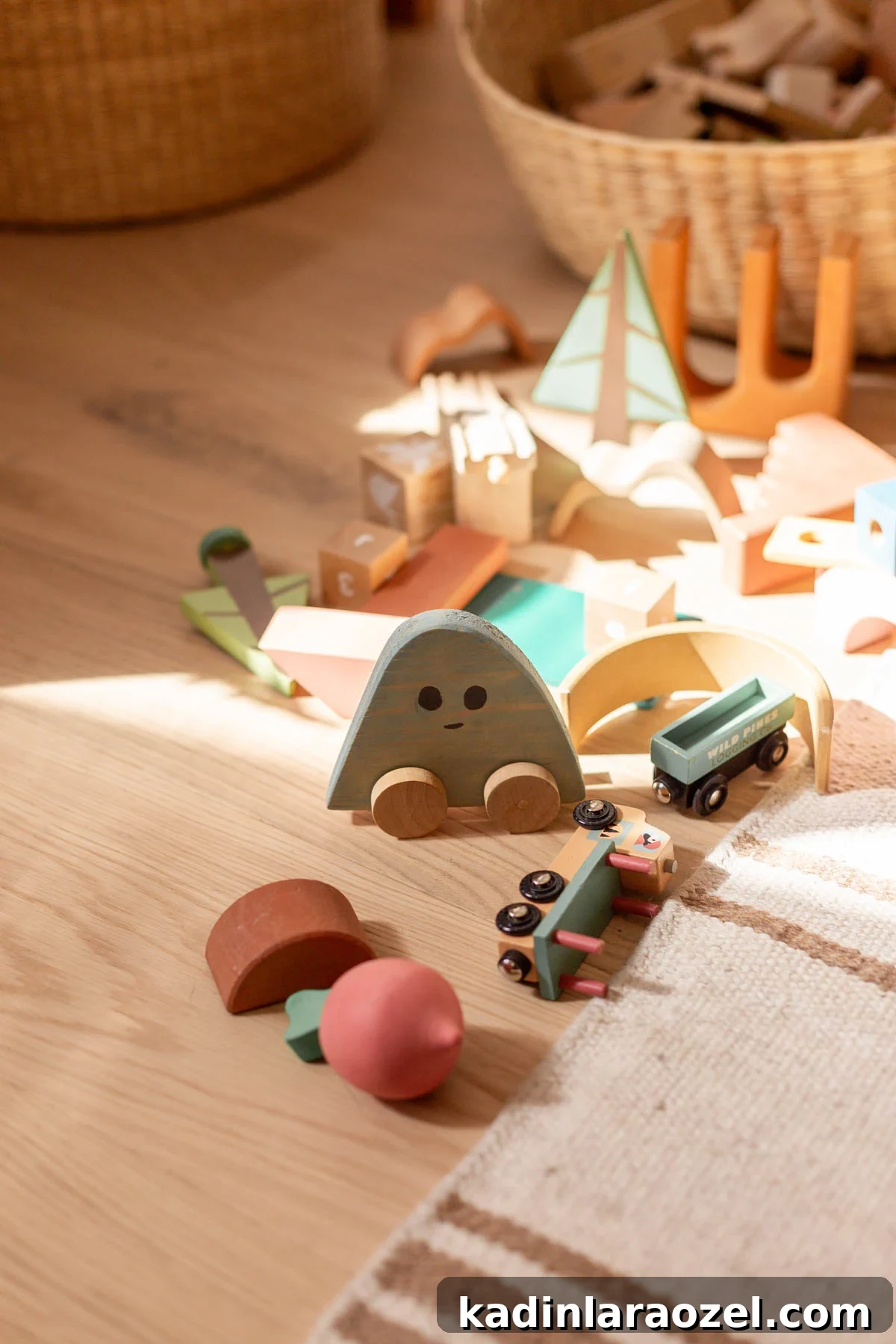 Build a Wooden Toy Car: Step-by-Step Guide and Plans 5 Wooden toy blocks in neutral and muted tones on the floor near a striped rug and basket