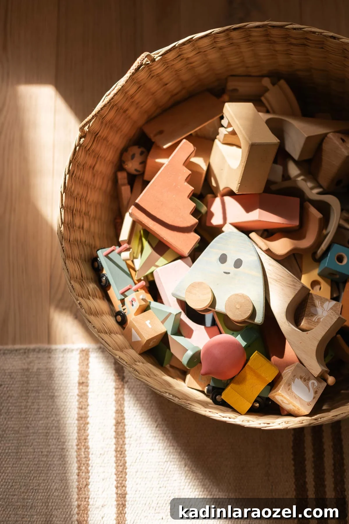 Build a Wooden Toy Car: Step-by-Step Guide and Plans 6 Woven floor basket filled with wooden blocks and other wood toys for kids