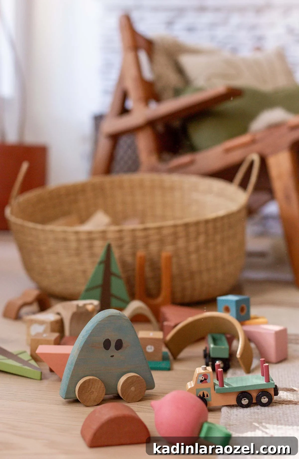 Build a Wooden Toy Car: Step-by-Step Guide and Plans 8 Wooden toy car and other wood blocks scattered across a hardwood floor with striped neutral rug